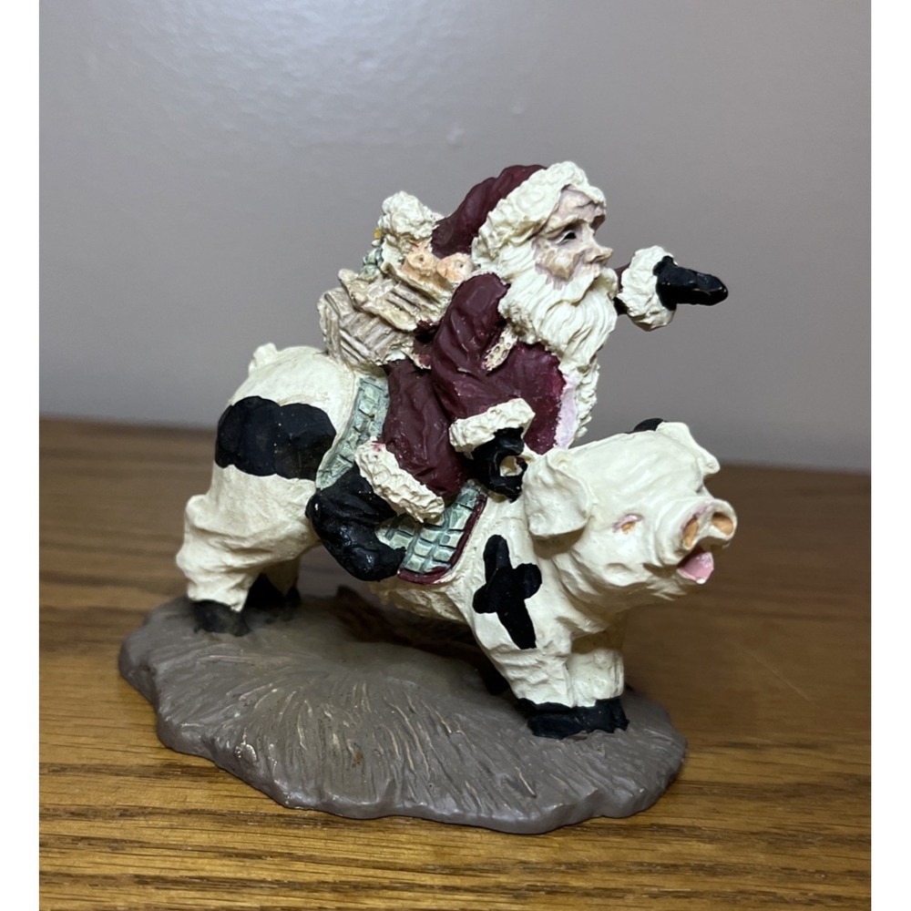 Vintage 90s Santa Clause Riding Pig Resin Christmas Figure Kitschy Funky Farm‎